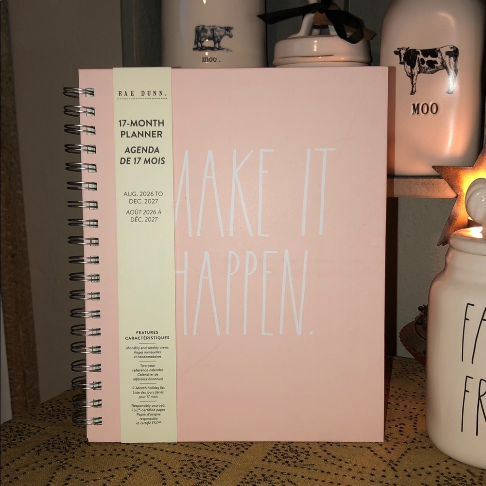 Rae Dunn MAKE IT HAPPEN Spiral 17 Month Planner August 2026-December 2027 (Pink)